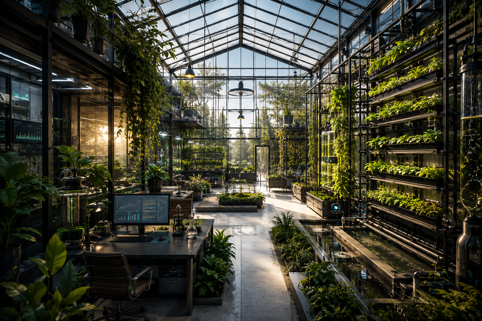A carefully stewarded living ecosystem combining cultivation, water systems, sensors and intelligent infrastructure.