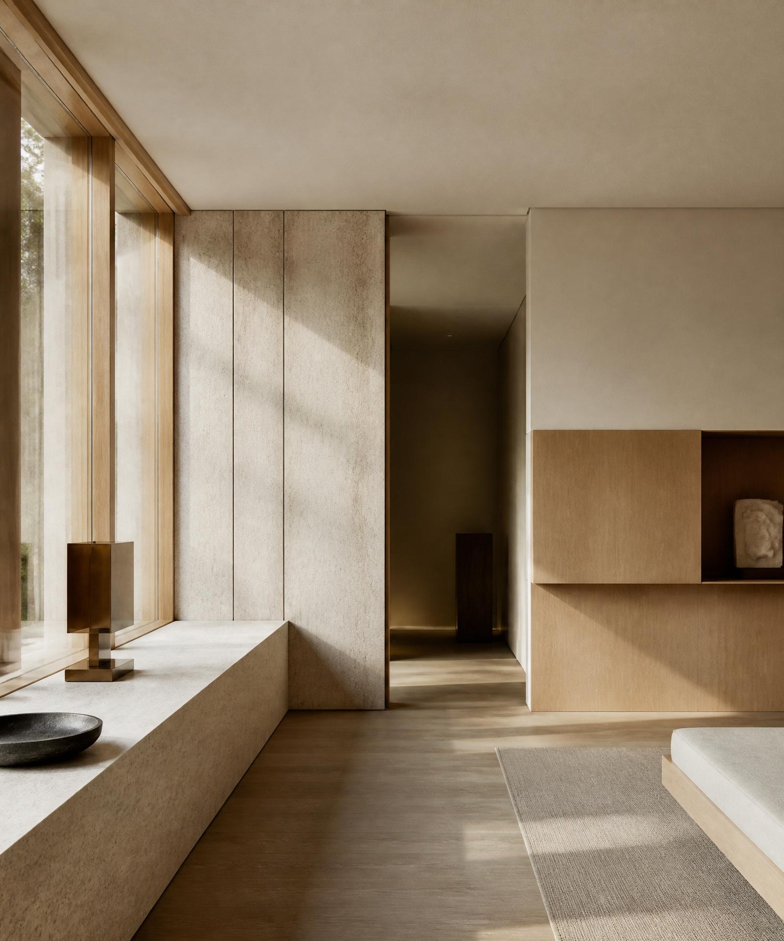 Warm natural light falling across stone and oak surfaces inside a quiet architectural interior