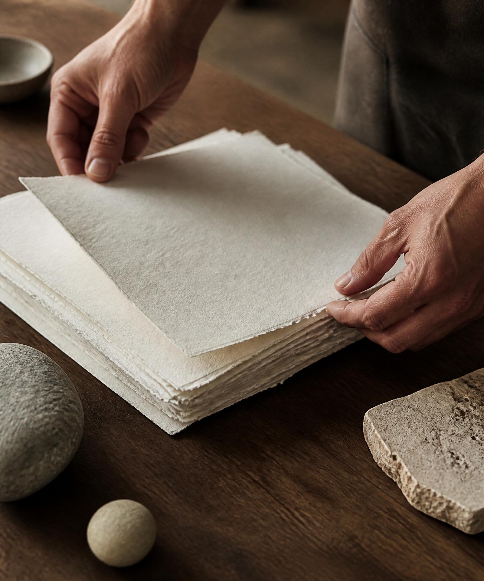 Hand craftsmanship with beautiful paper on a warm oak surface in soft daylight