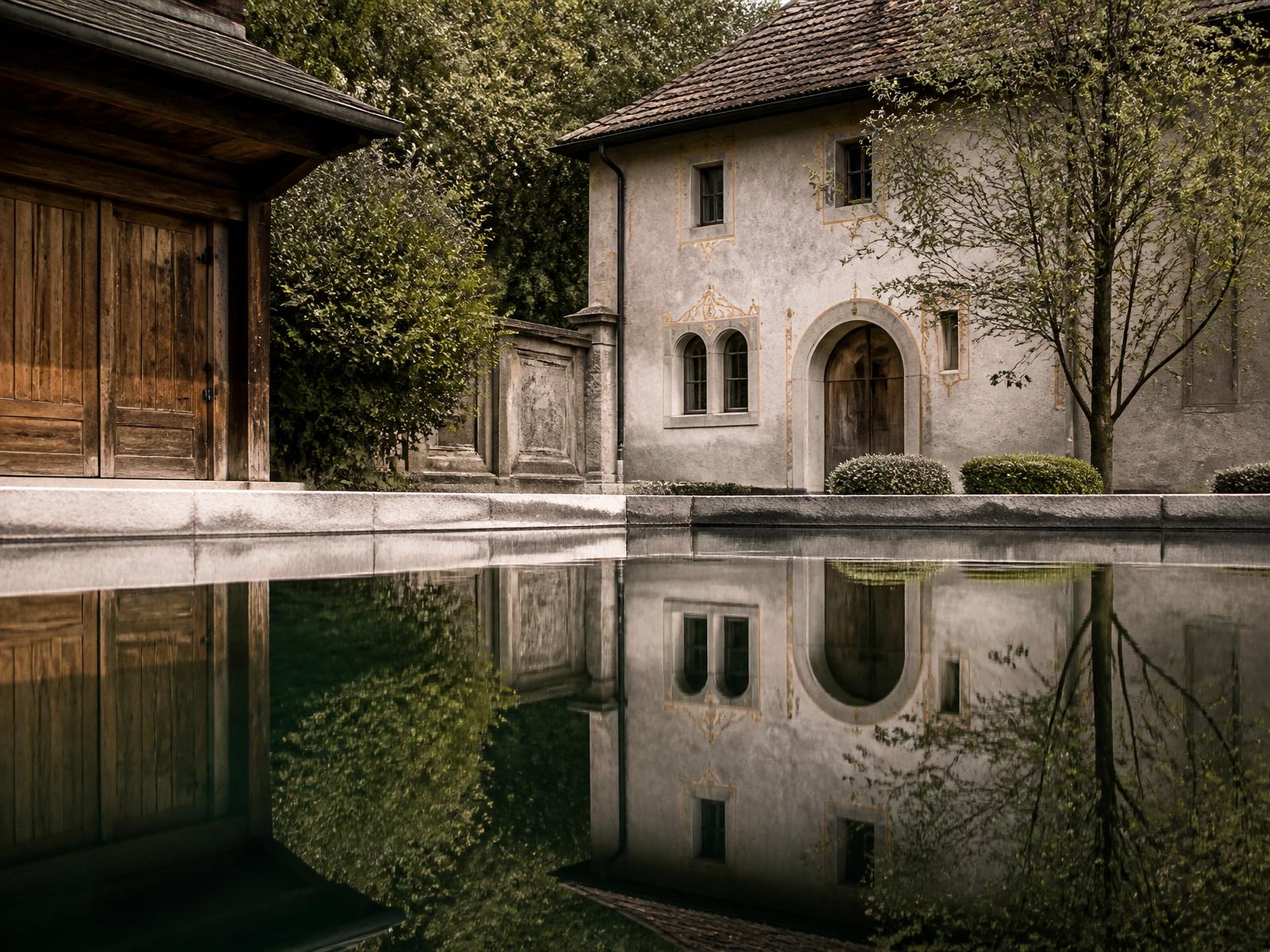 Calm water reflecting timeless Swiss architecture in soft daylight