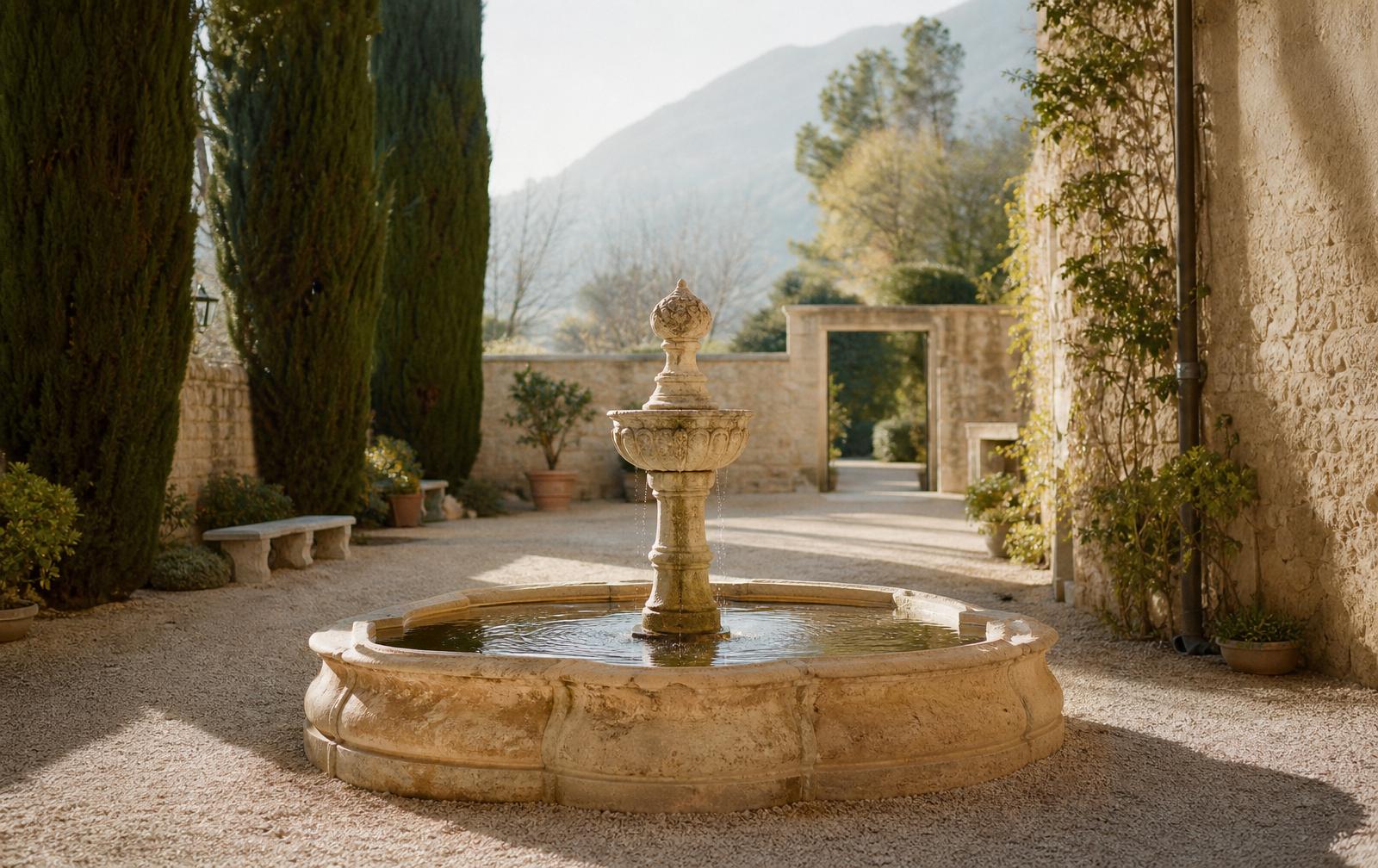 A timeless carved stone fountain in the center of a quiet Mediterranean courtyard, bathed in soft morning light