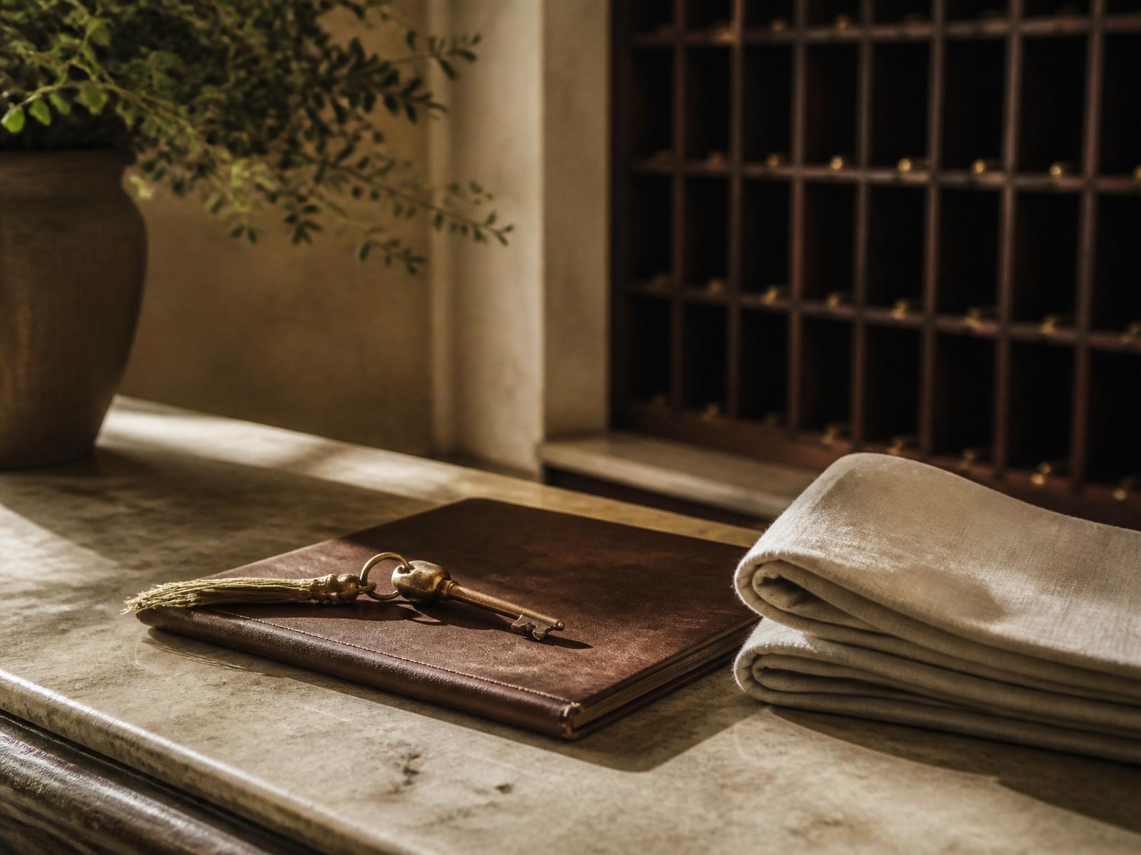 A brass key resting on a leather guest book beside folded linen on a limestone counter