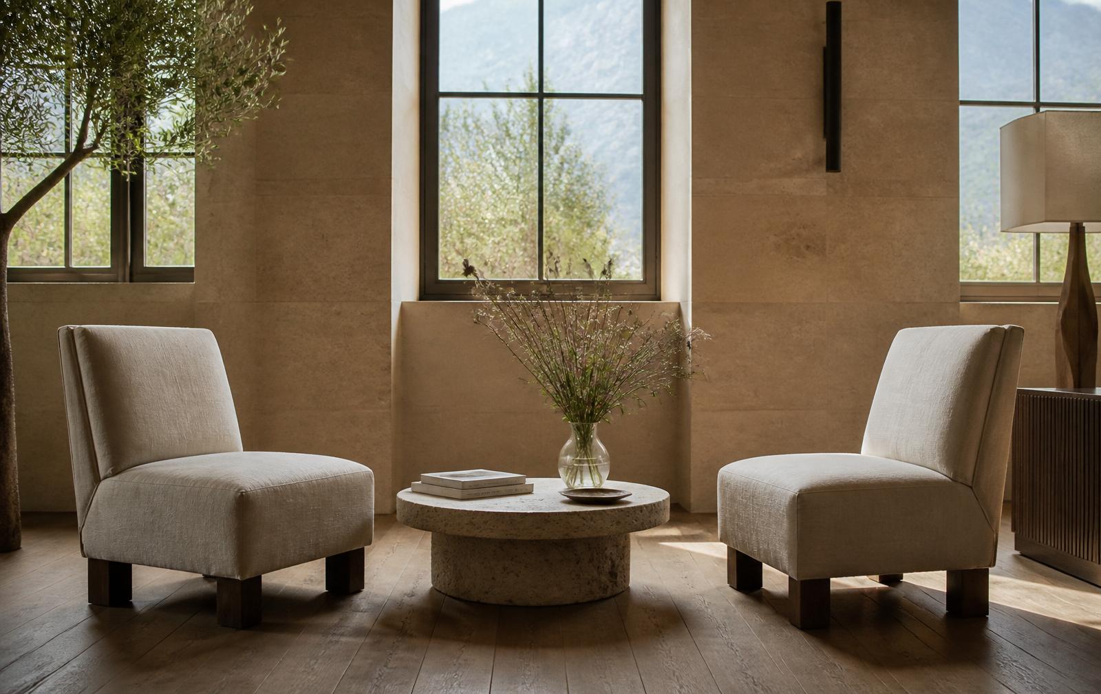 Two linen chairs facing each other beside a low limestone table in a quiet Swiss maison lounge, soft morning light