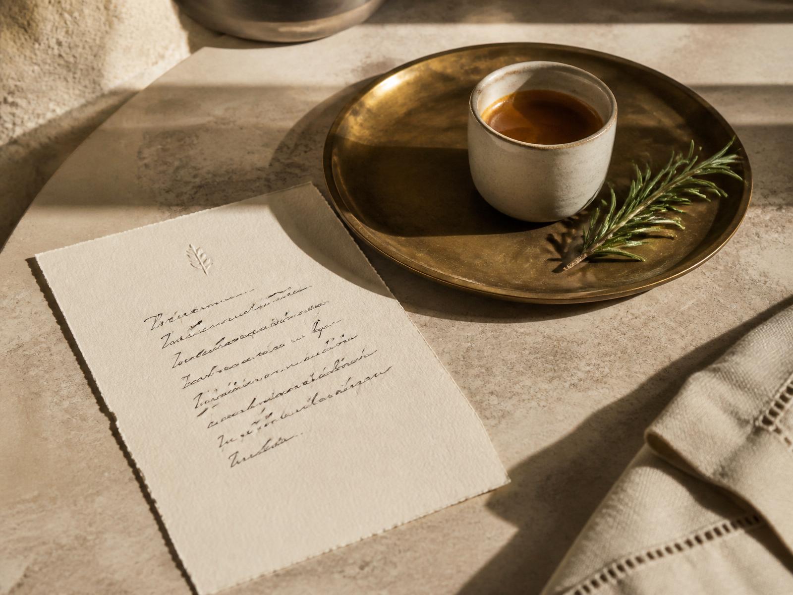 A handwritten welcome note beside a brass tray with an espresso cup and a sprig of rosemary on warm limestone