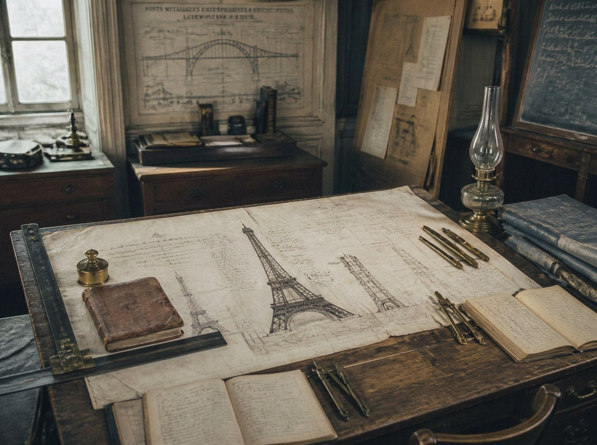 Archival photograph of a 19th century engineering atelier — hand-drawn blueprints on an oak drafting table, brass instruments, pencils and a leather notebook lit by soft daylight