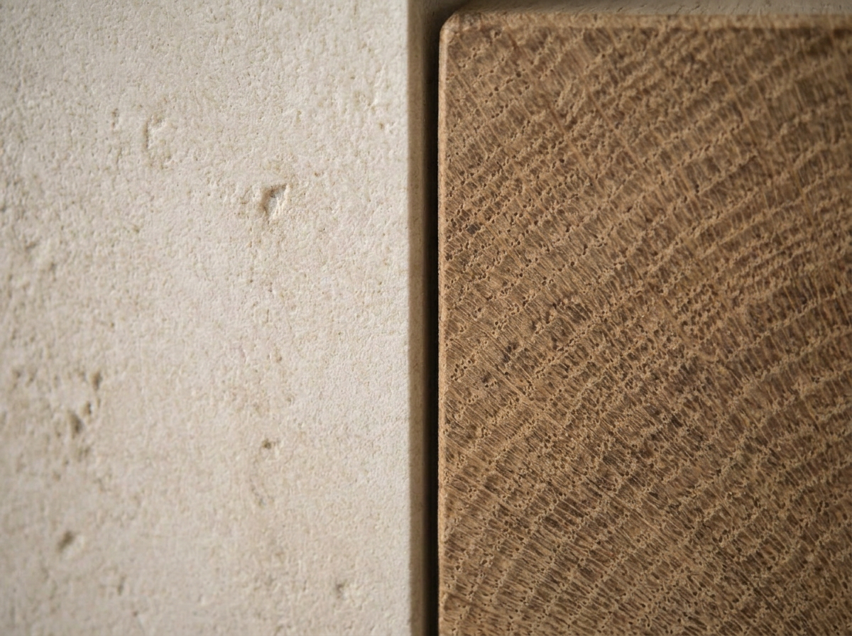 A hand-finished limestone corner meeting an oak edge in soft morning light