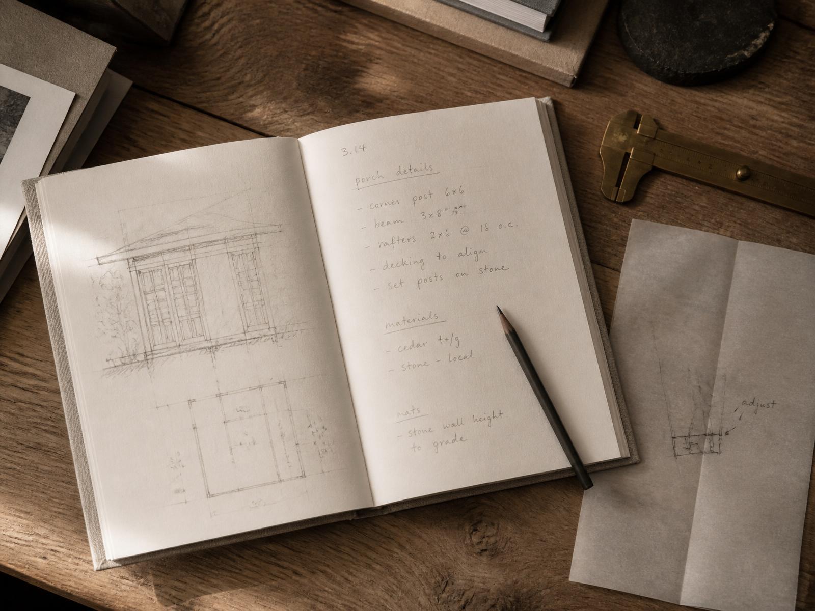 An open notebook with pencil sketches and handwritten notes beside tracing paper and a brass measuring tool