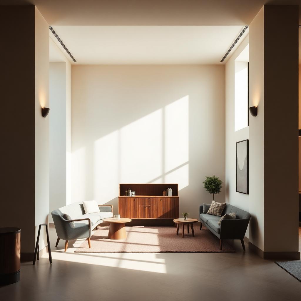 Warm, quiet interior of a boutique hotel lounge in soft natural light