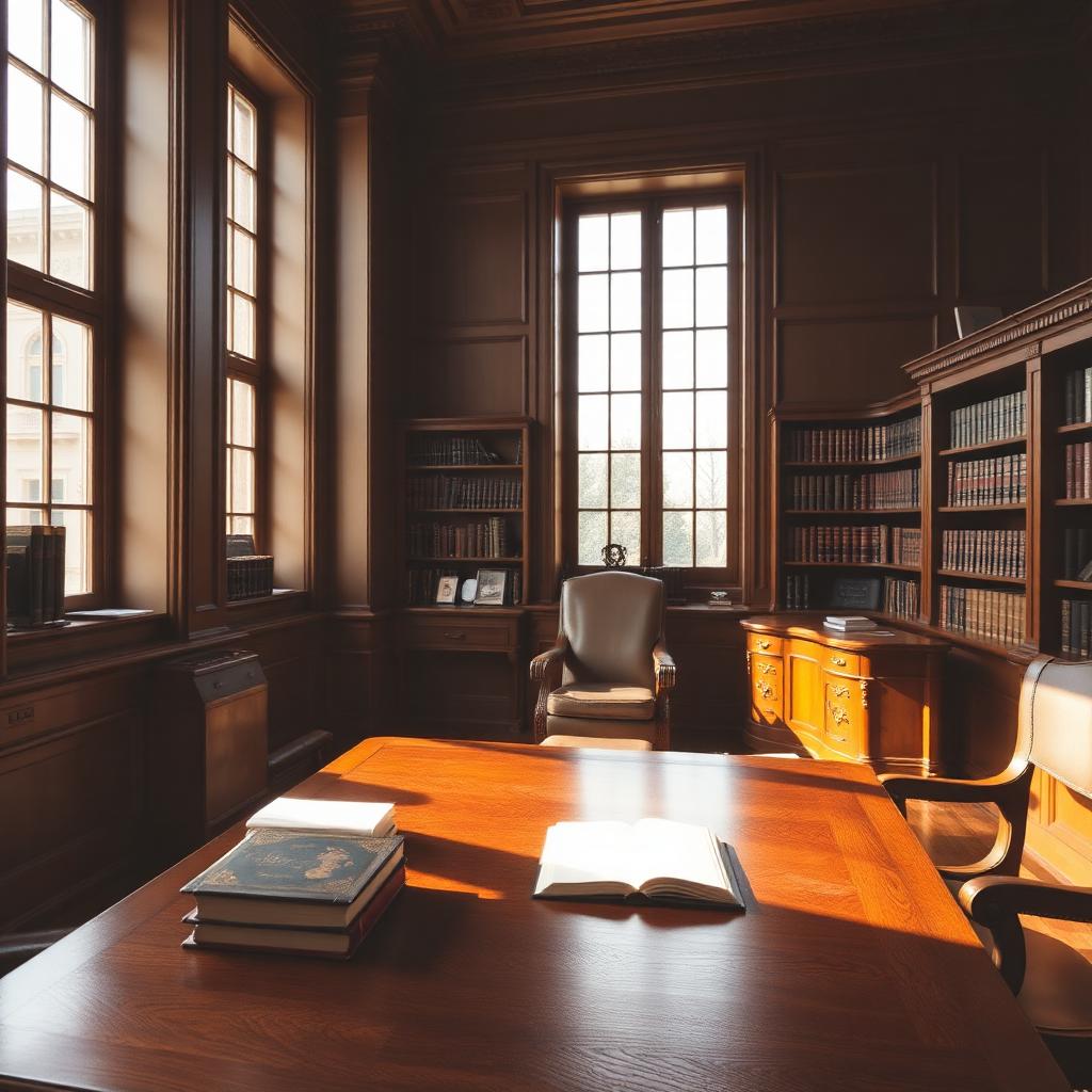A serene law firm library with oak panelling and morning light